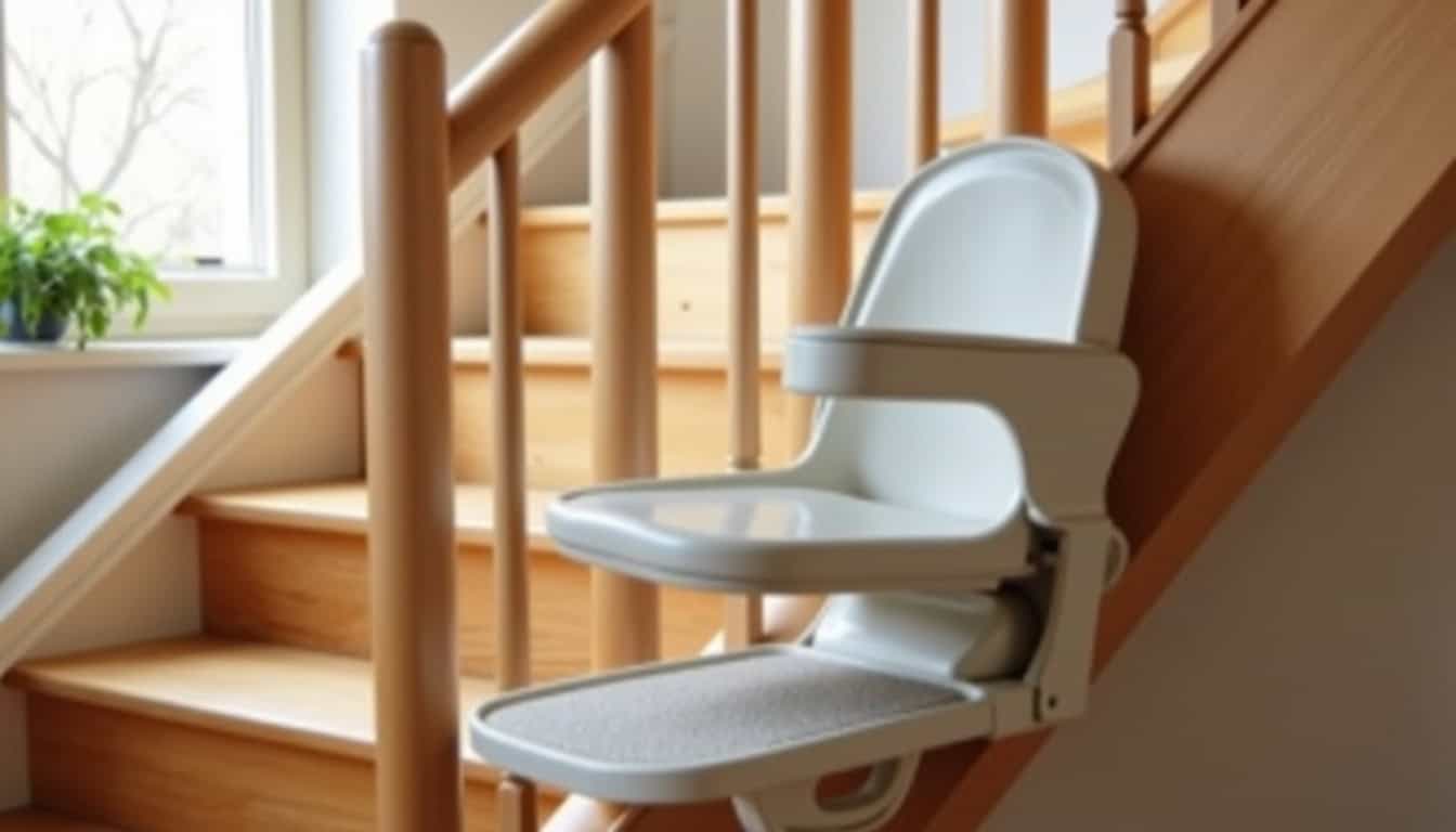 Siège de monte-escalier intérieur en position repliée, intégré discrètement dans un escalier en bois