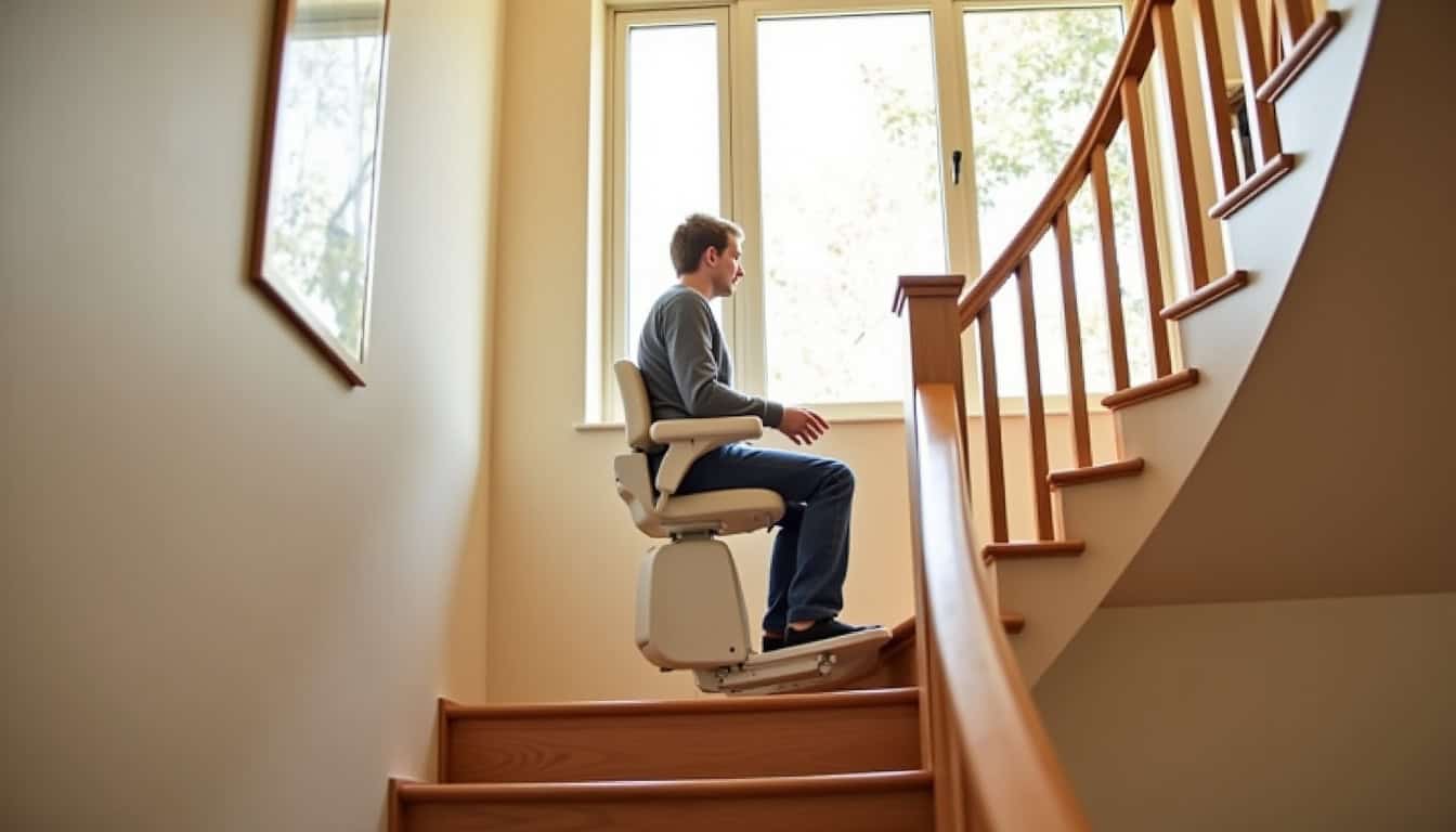 Siège monte-escalier en fonctionnement dans un intérieur résidentiel