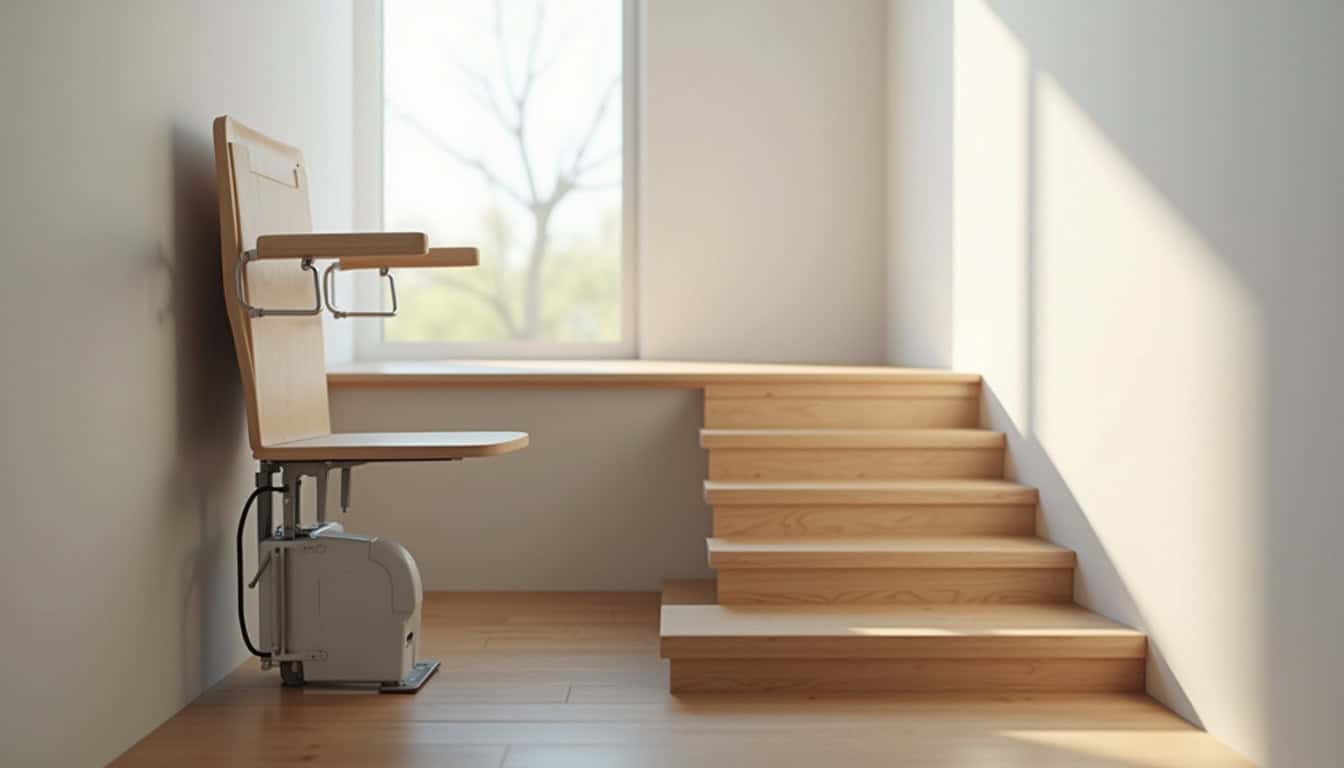 Siège monte-escalier en position repliée sur une volée droite d’escalier intérieur