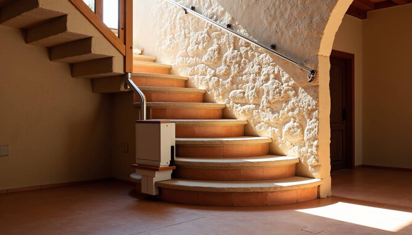 Siège monte-escalier installé dans un escalier en pierre d’une maison ancienne à Nîmes, intérieur typique
