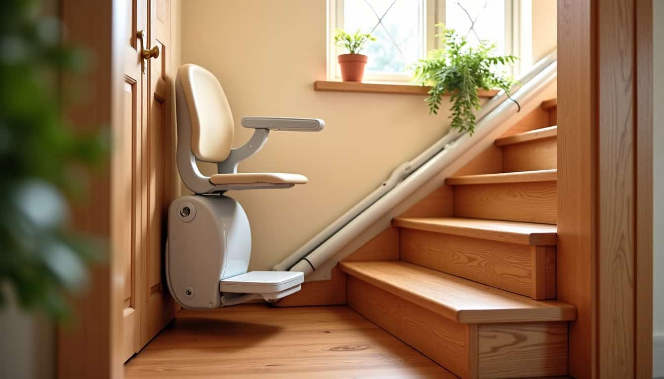 Siège monte-escalier installé sur un escalier en bois dans une maison traditionnelle de Bailleval