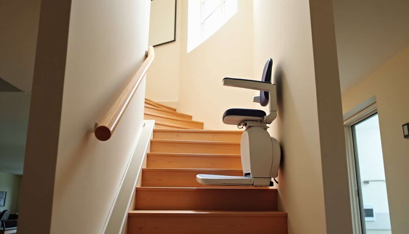 Siège monte-escalier installé sur un escalier intérieur de maison à Domalain