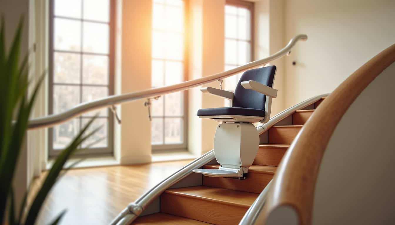 Siège pivotant d’un monte-escalier en position ouverte dans une maison