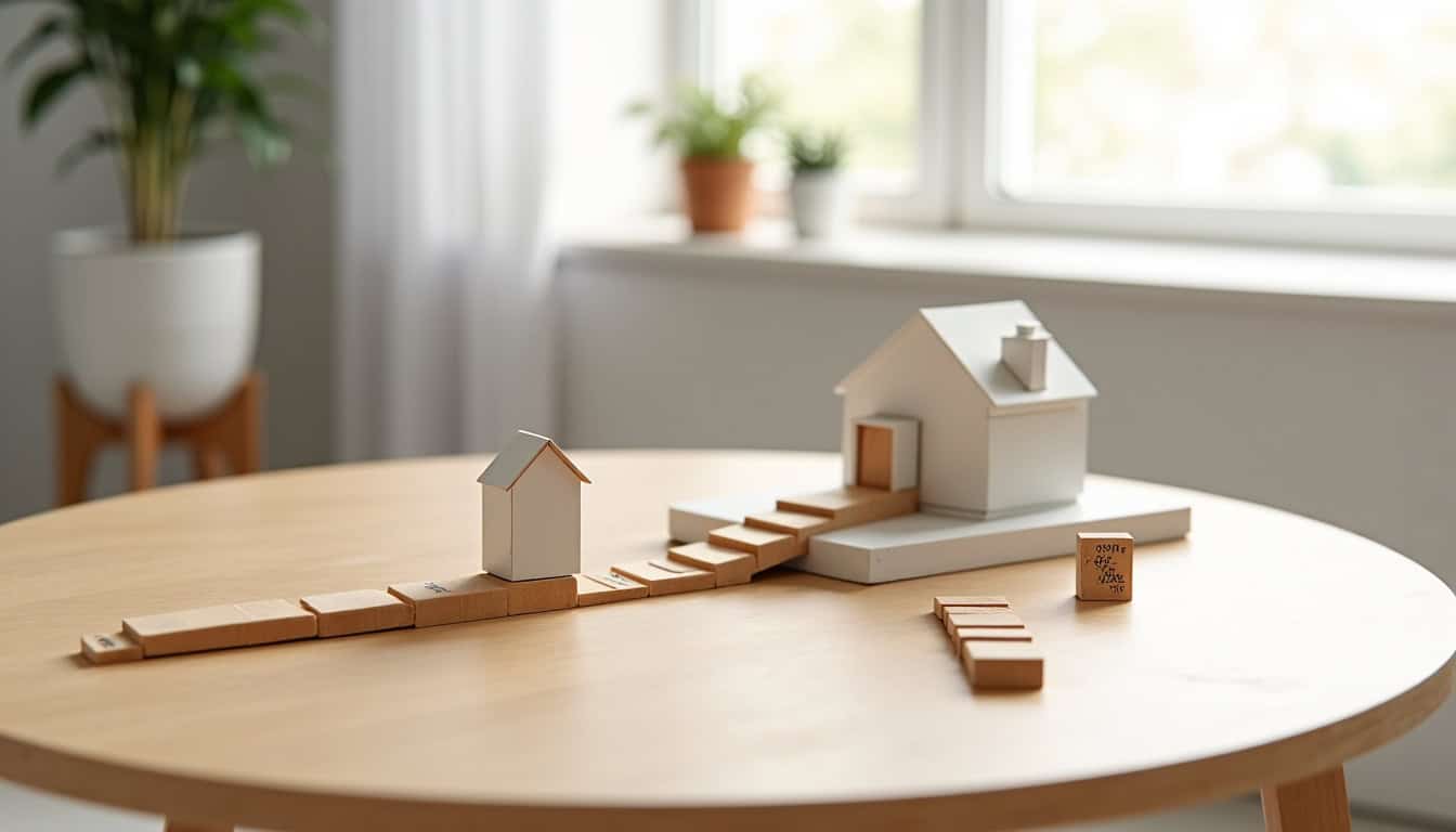 Tableau comparatif entre monte-escalier droit, tournant, reconditionné et en location, affiché sur une tablette dans un salon