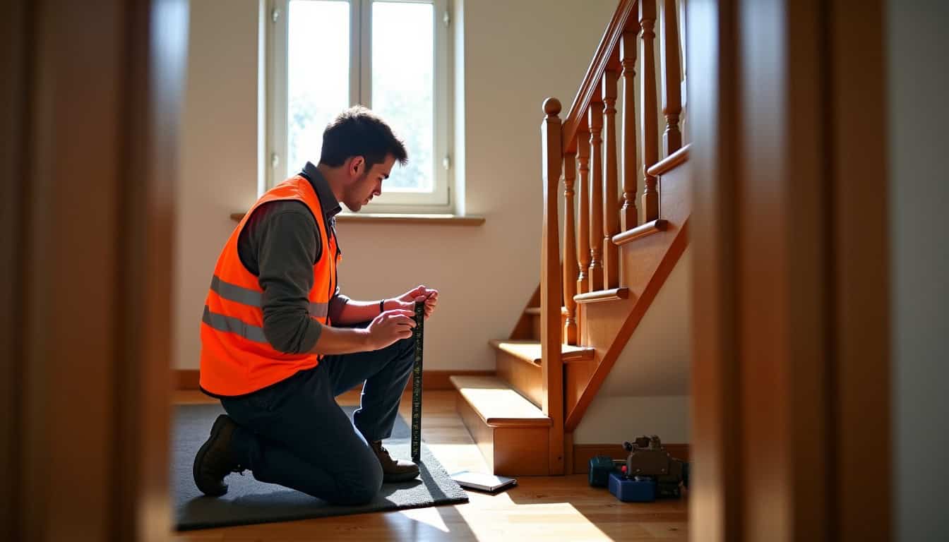 Technicien certifié prenant les mesures d’un escalier dans une maison à Libercourt