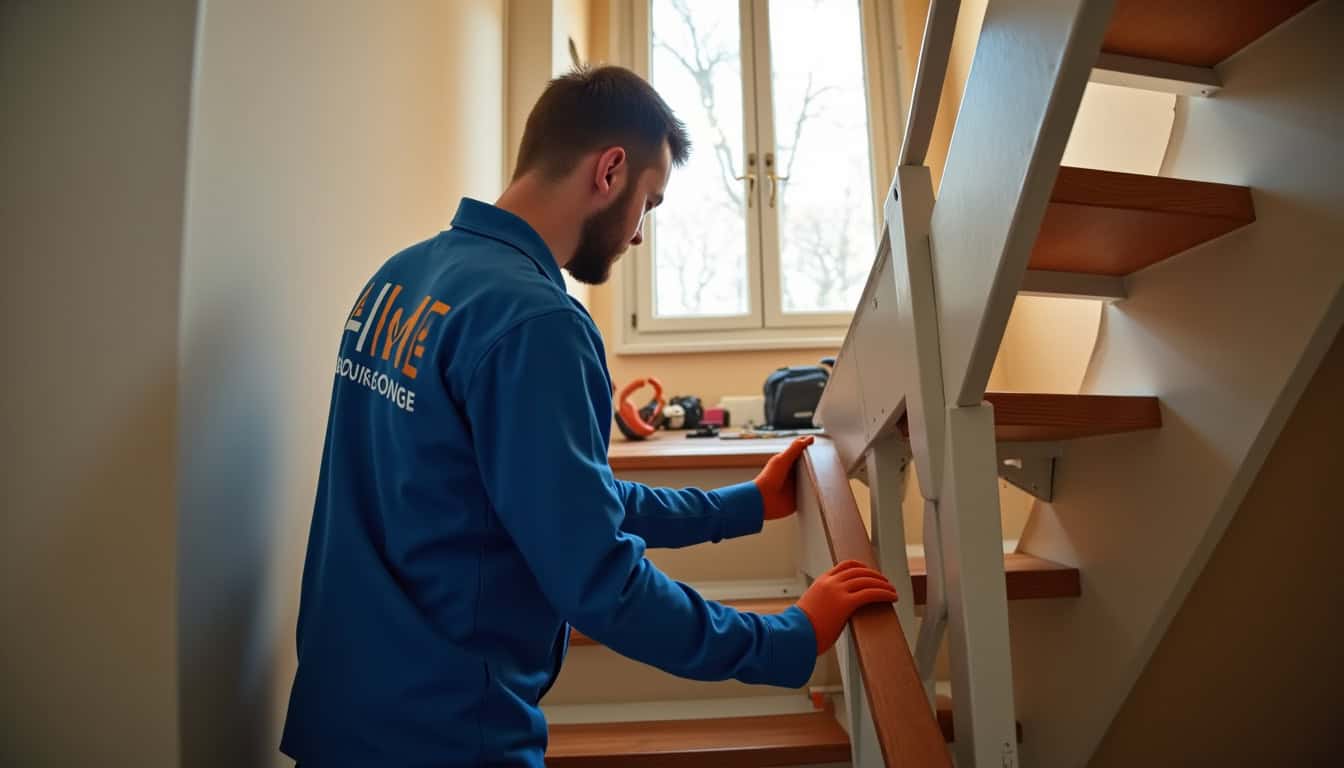Technicien d’AME Bourgogne en train d’installer un monte-escalier à Dijon