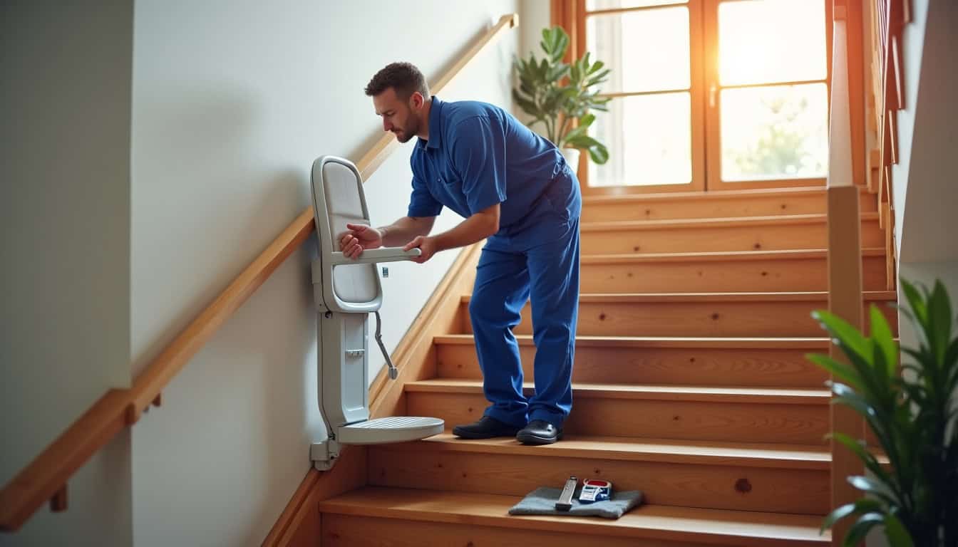 Technicien d’AS Élévation en train d’installer un monte-escalier à Alès
