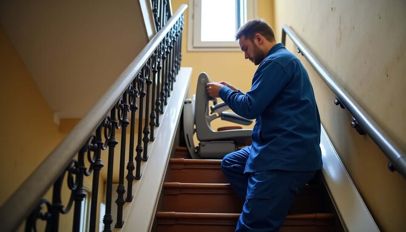 Technicien effectuant la maintenance d’un monte-escalier à Paris