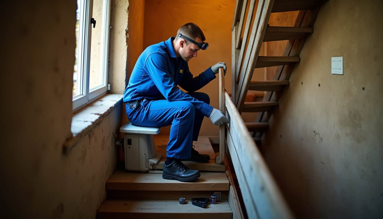 Technicien effectuant la maintenance d’un monte-escalier à Rouillac