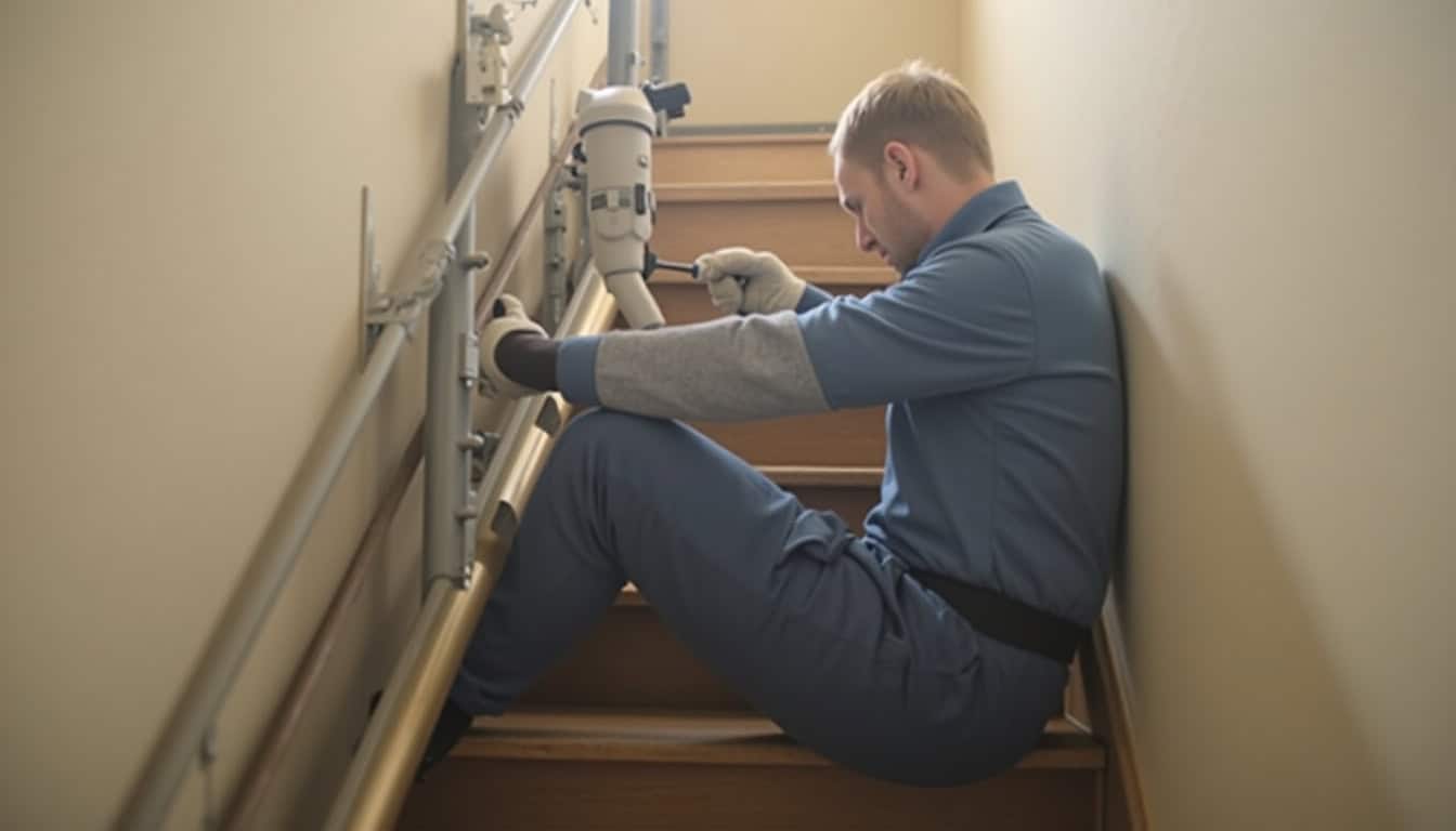 Technicien effectuant la pose d’un monte-escalier à Brunstatt-Didenheim, en train de fixer un rail sur les marches