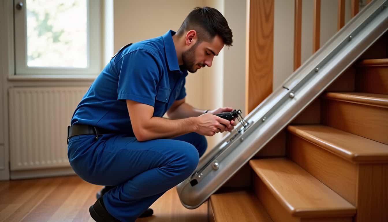 Technicien effectuant l’entretien d’un monte-escalier en intérieur