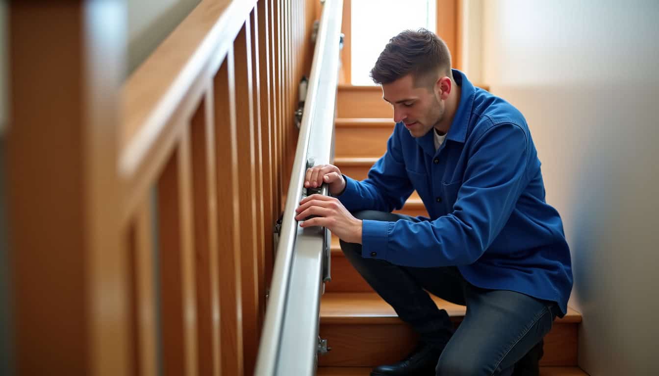 Technicien effectuant un contrôle annuel sur un monte-escalier en service