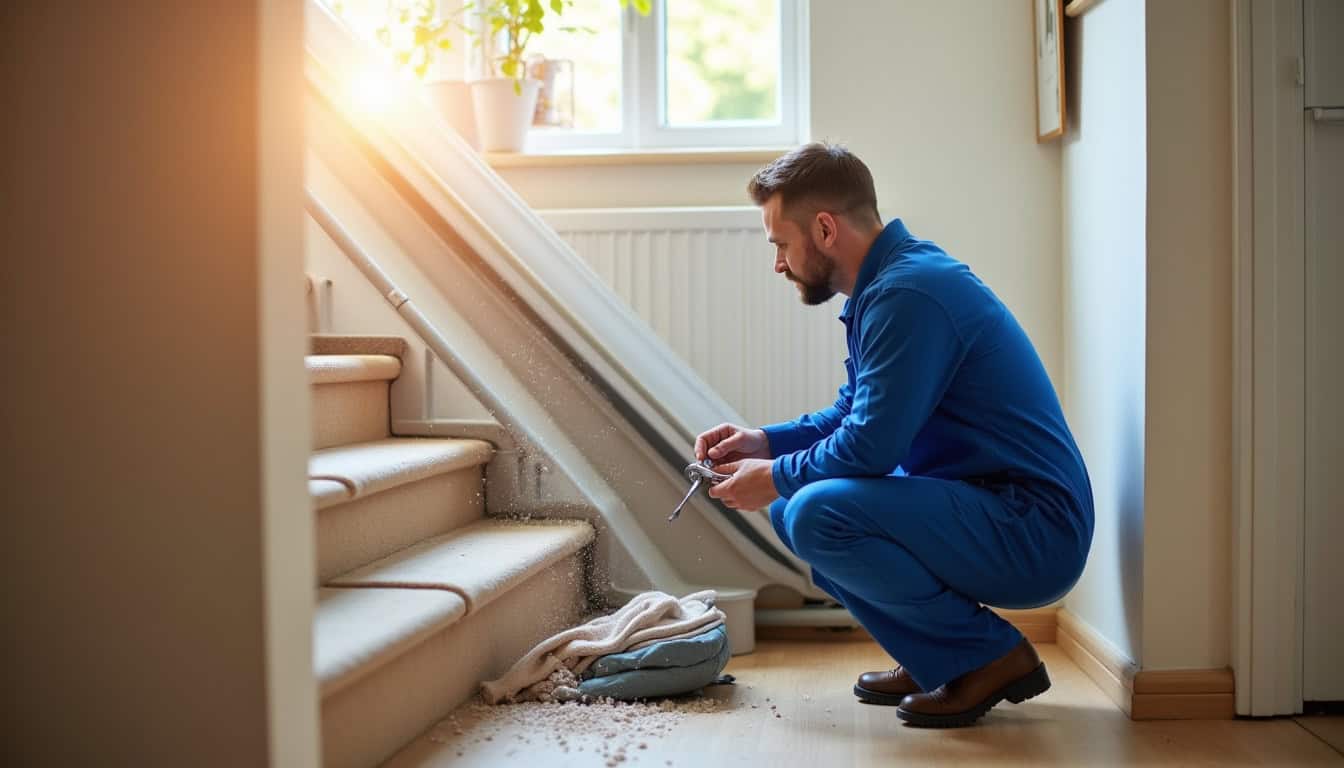Technicien effectuant un contrôle de maintenance sur un monte-escalier à Linas
