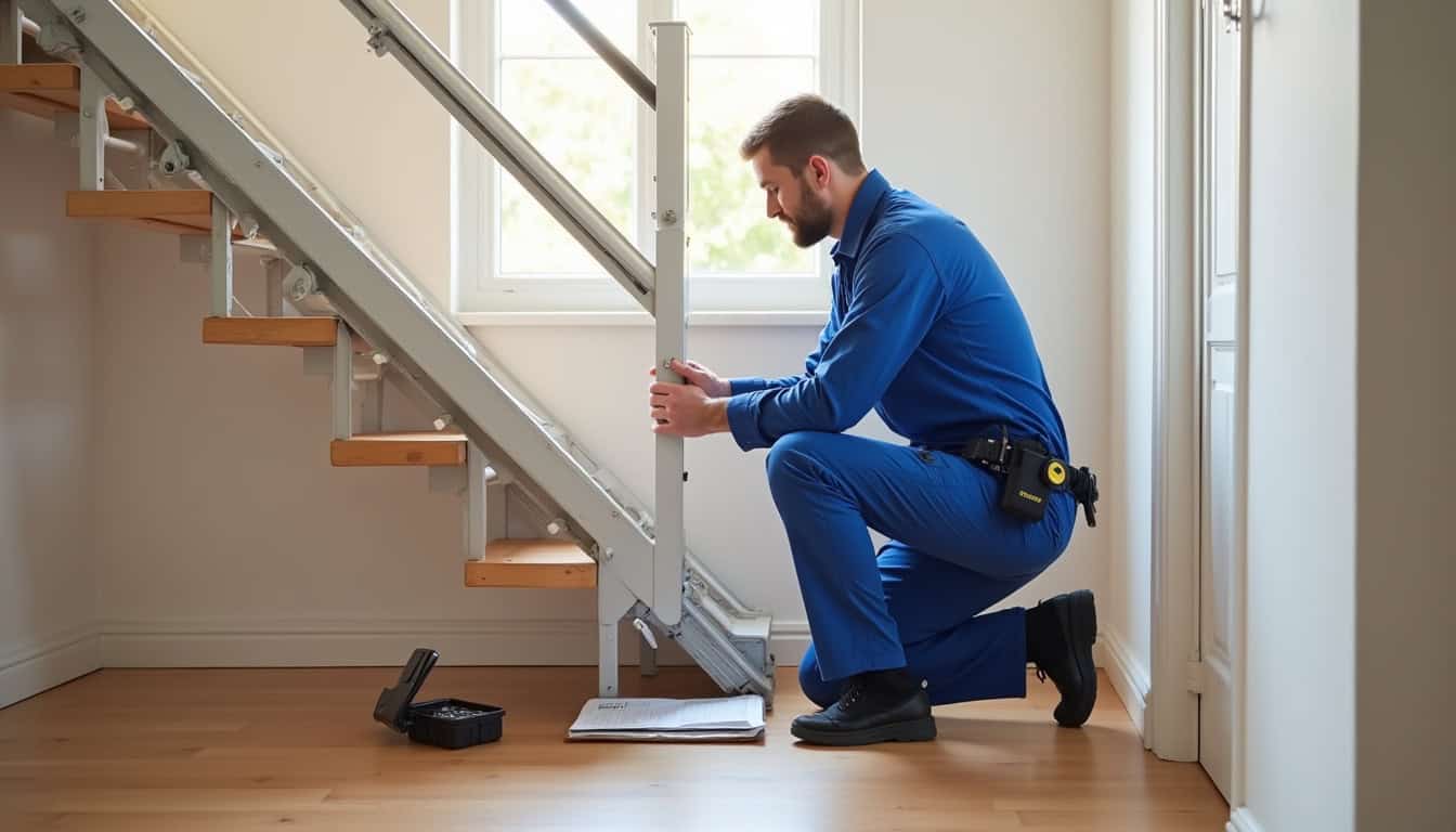 Technicien effectuant un contrôle de maintenance sur un monte-escalier à Saint-Selve, assurant longévité et sécurité