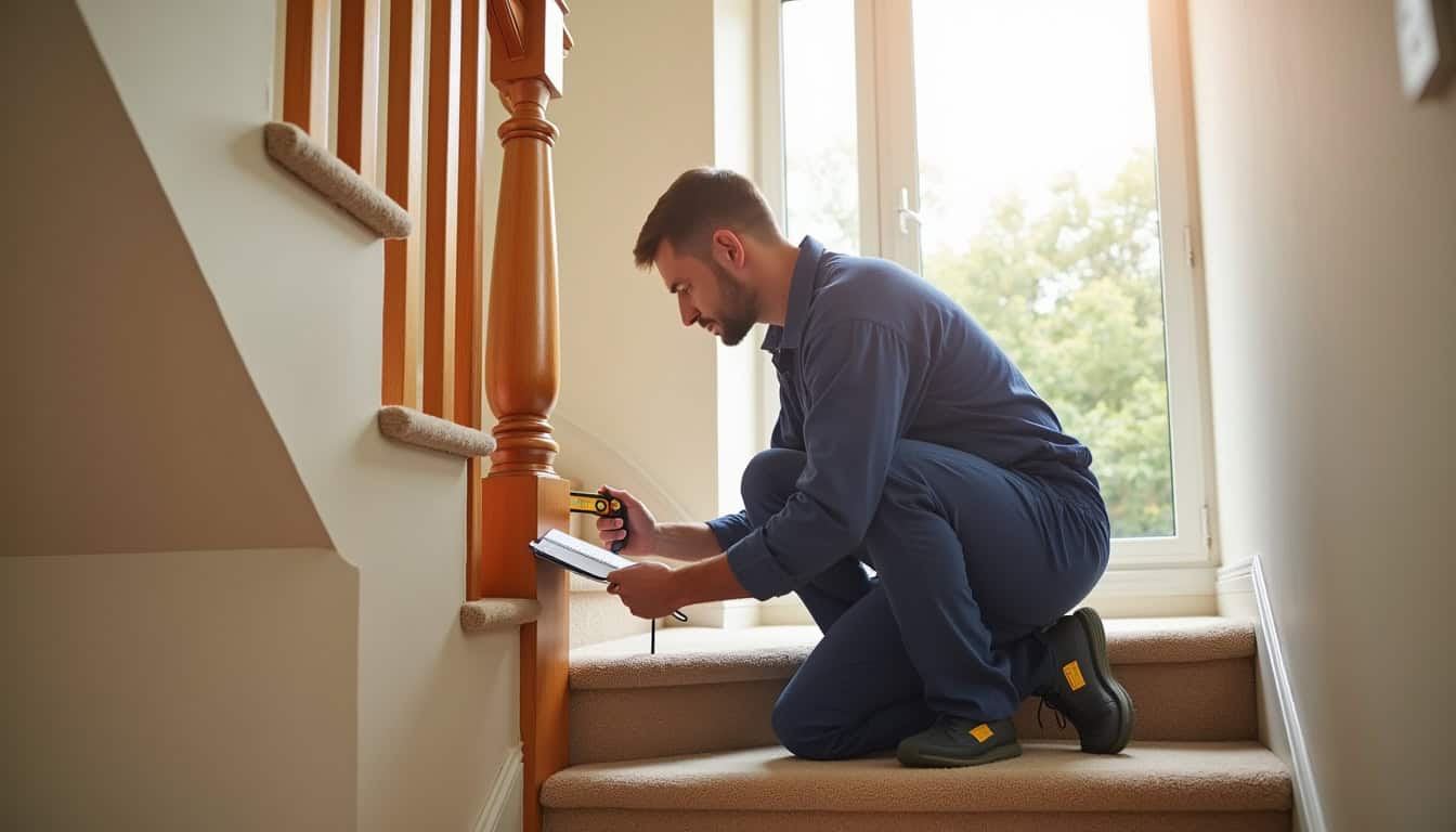 Technicien effectuant un diagnostic technique sur un escalier à Saint-Mariens