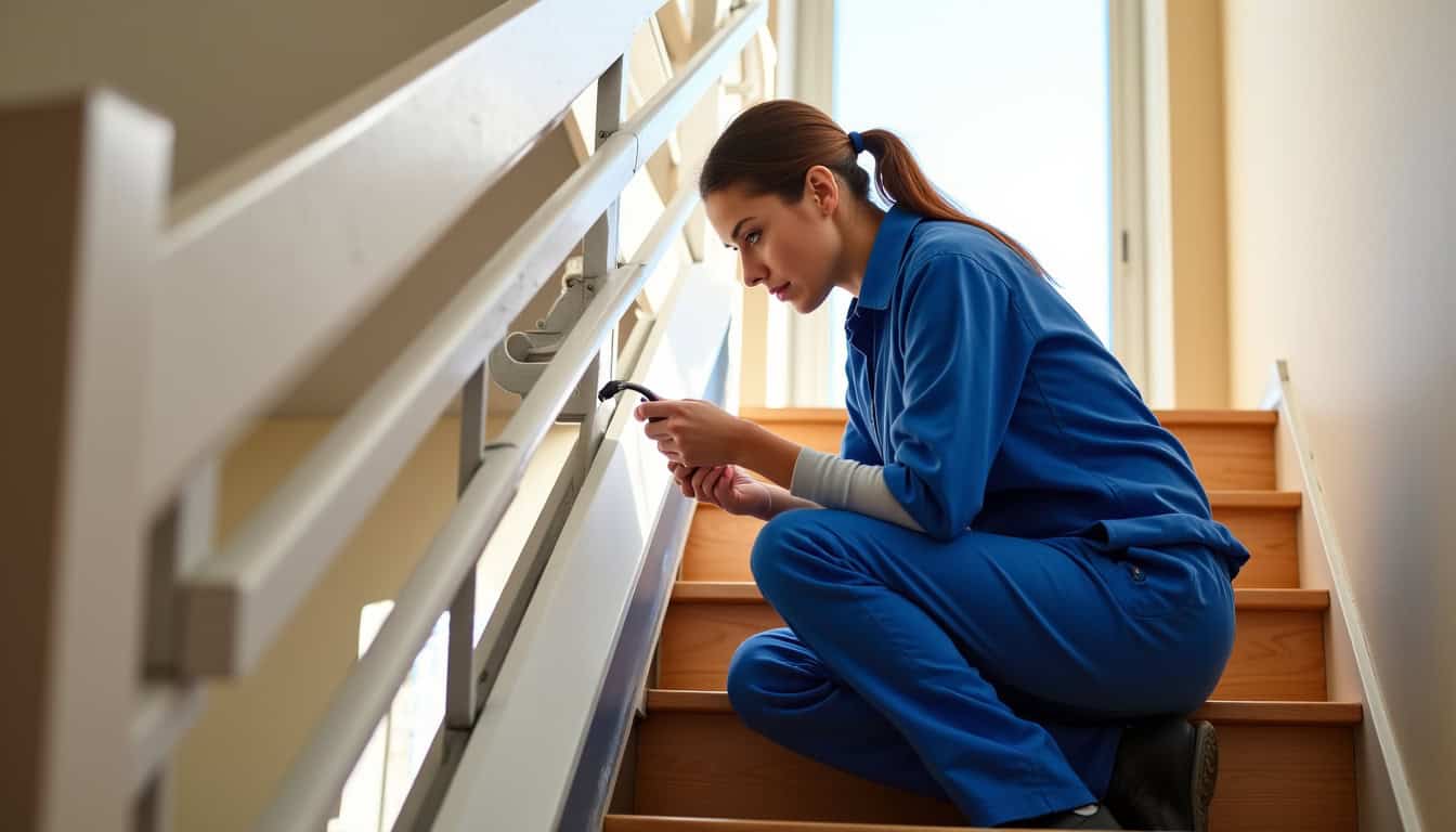 Technicien effectuant un entretien de monte-escalier à Barentin