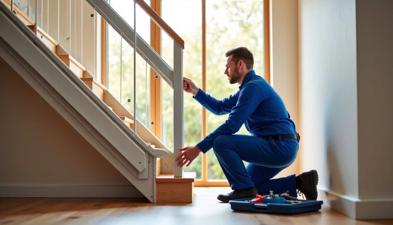 Technicien effectuant un entretien de monte-escalier à Belmont-de-la-Loire