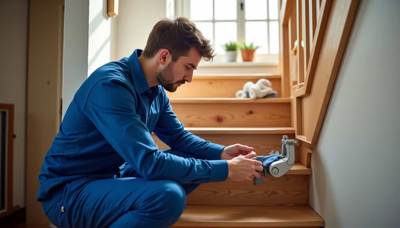 Technicien effectuant un entretien de monte-escalier à La Chapelle-de-Guinchay