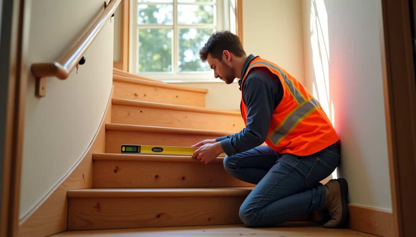 Technicien effectuant une étude technique sur un escalier à Veauchette