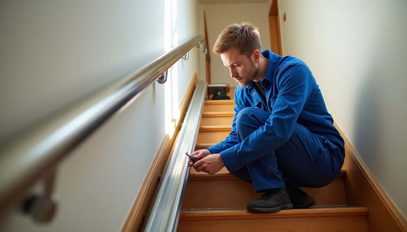 Technicien effectuant une maintenance préventive sur un monte-escalier à Verrières-le-Buisson