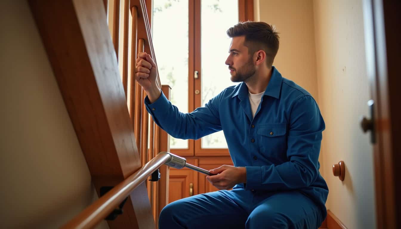 Technicien effectuant une maintenance sur un monte-escalier à Eclose-Badinières