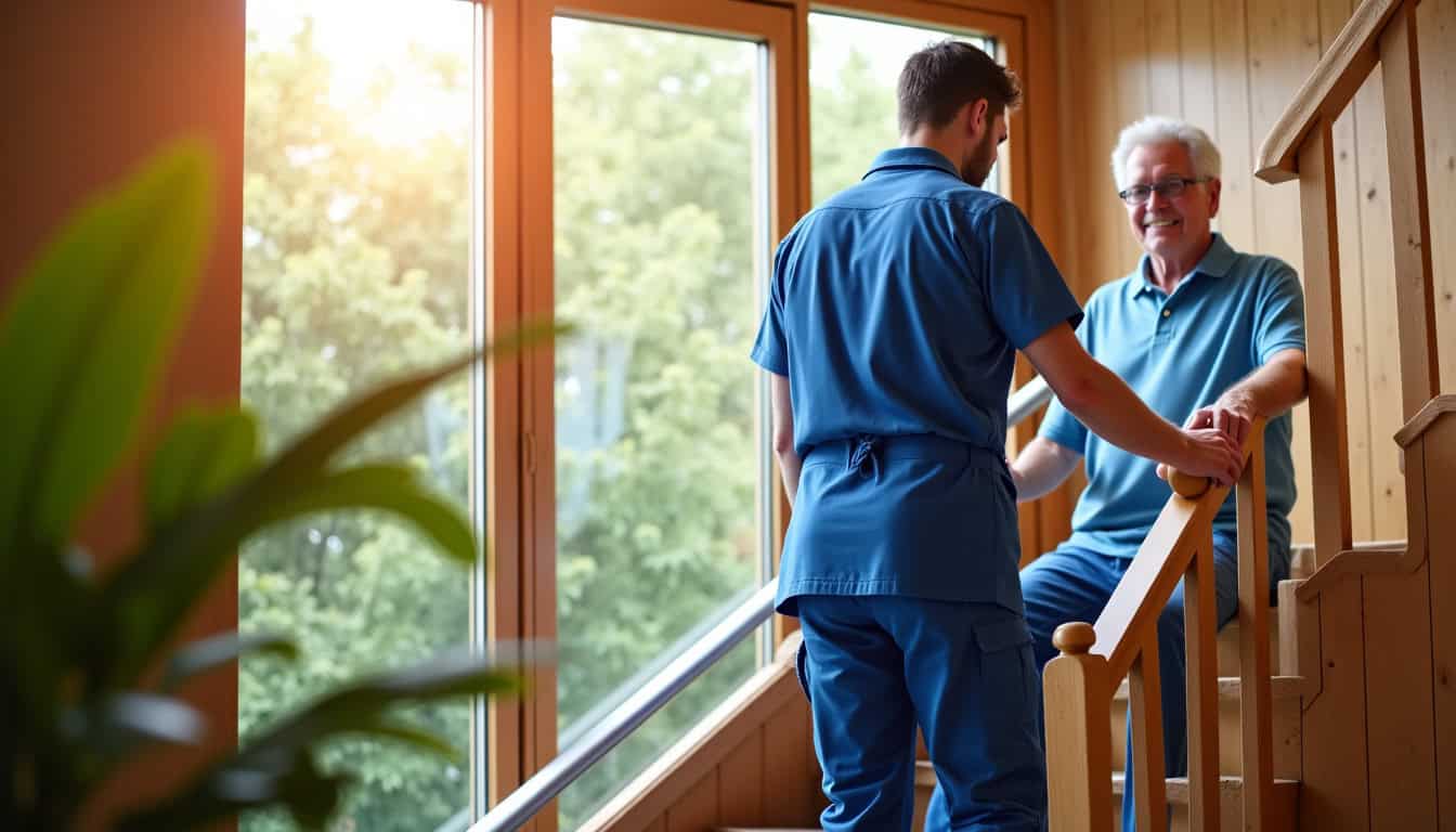 Technicien effectuant une maintenance sur un monte-escalier à Les Trois-Bassins