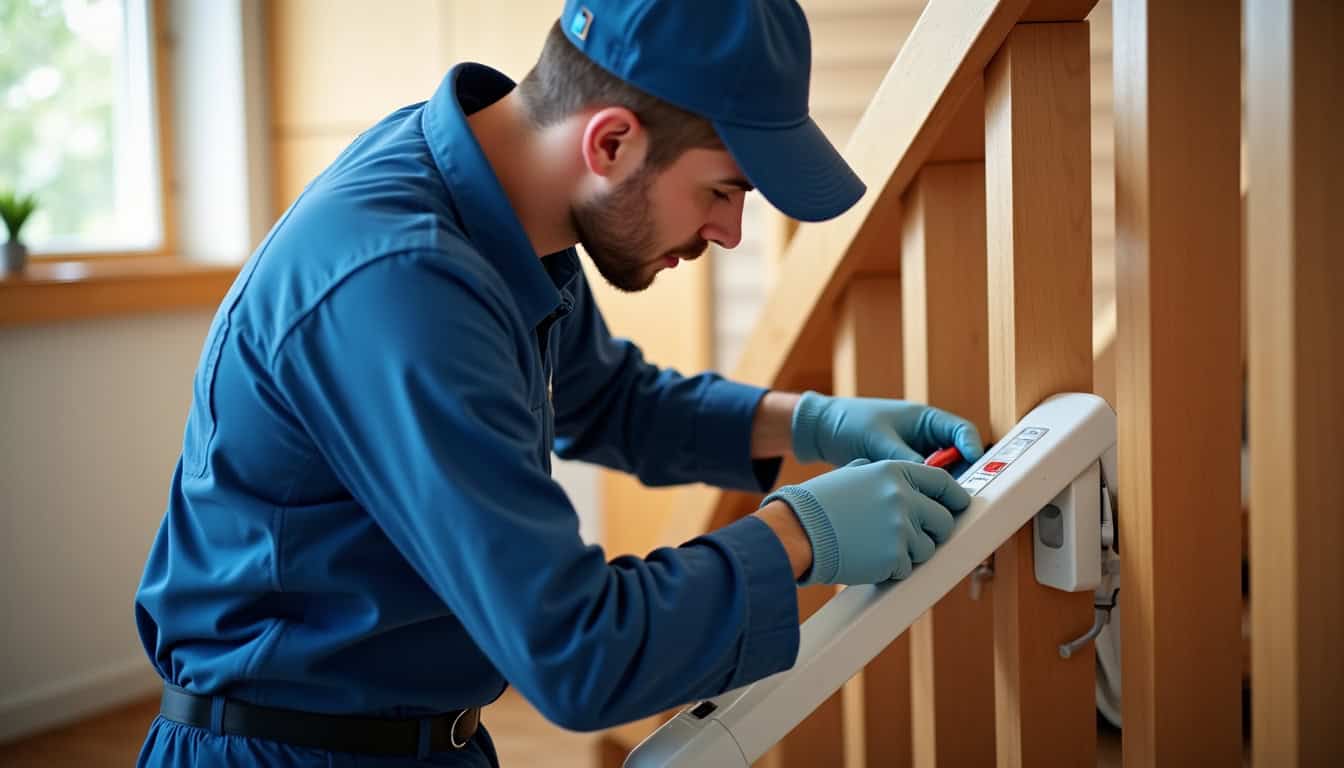 Technicien effectuant une maintenance sur un monte-escalier à Saint-Vaury