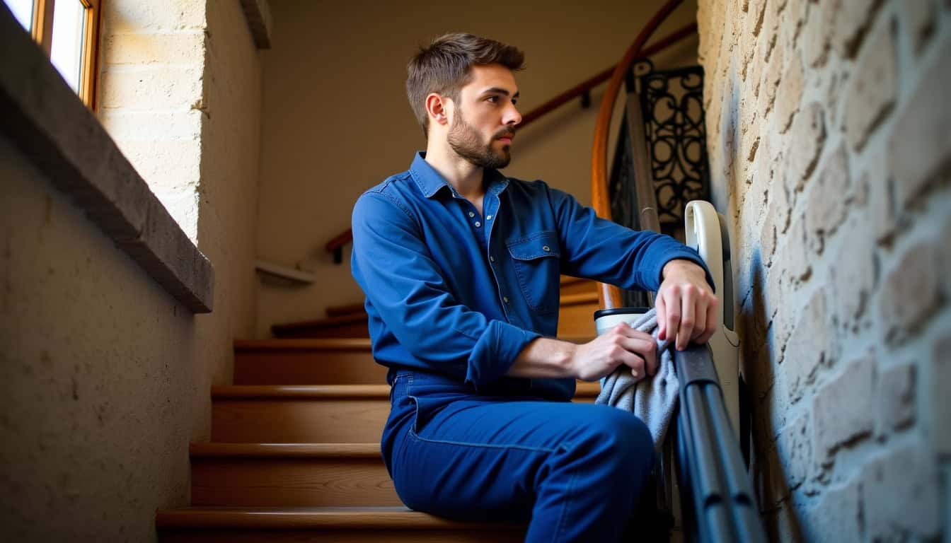 Technicien effectuant une maintenance sur un monte-escalier à Soultz-Haut-Rhin