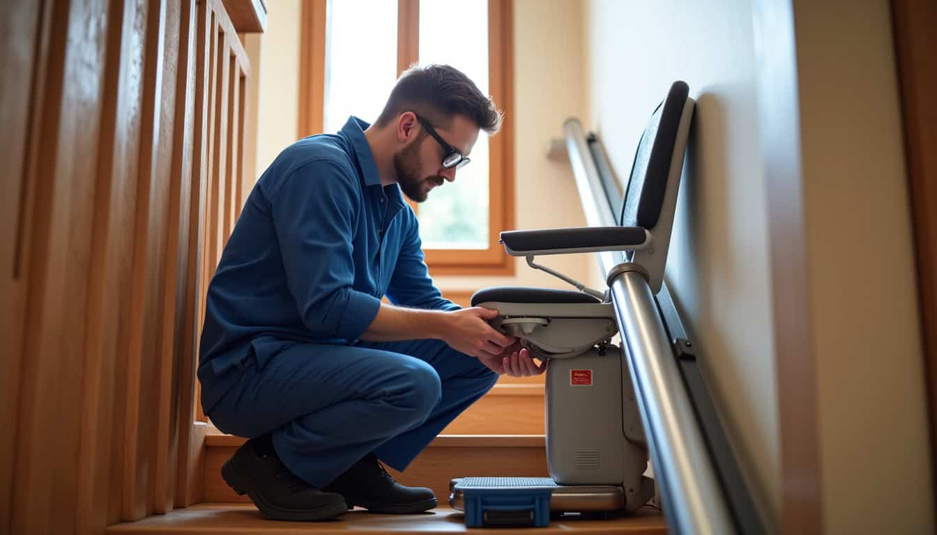 Technicien effectuant une maintenance sur un monte-escalier à Vienne-en-Val
