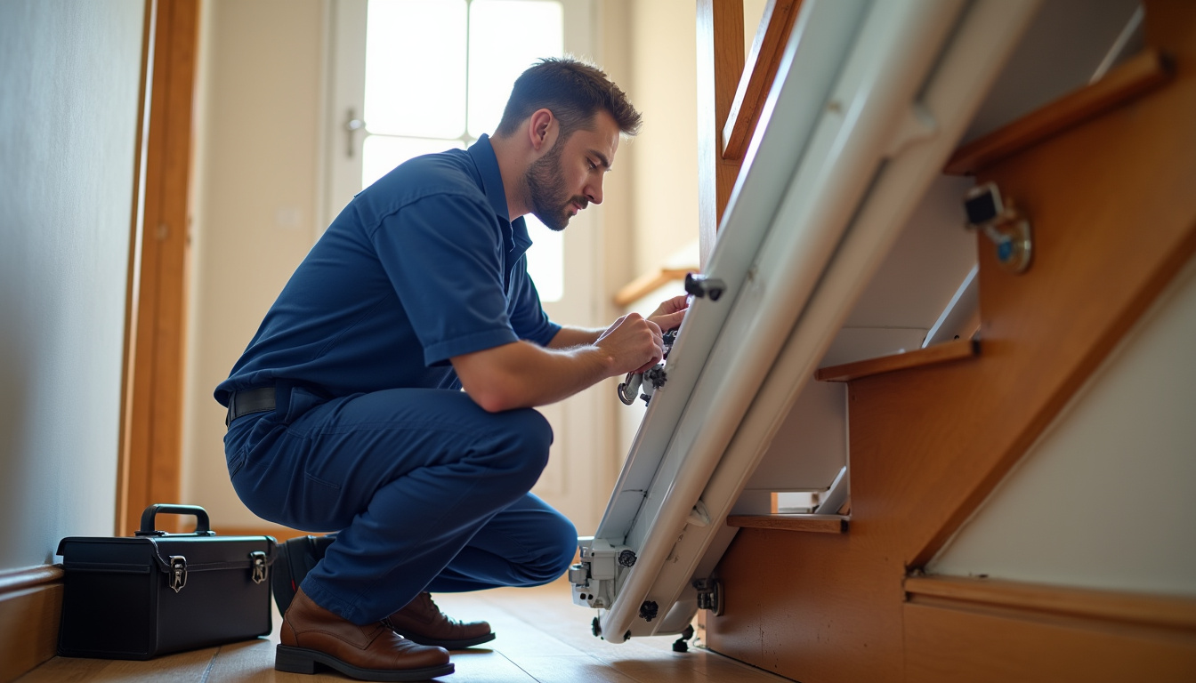 Technicien effectuant une maintenance sur un monte-escalier en service