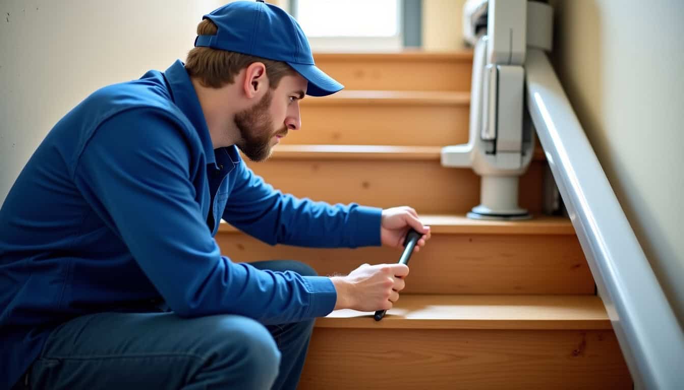 Technicien effectuant une révision annuelle d’un monte-escalier