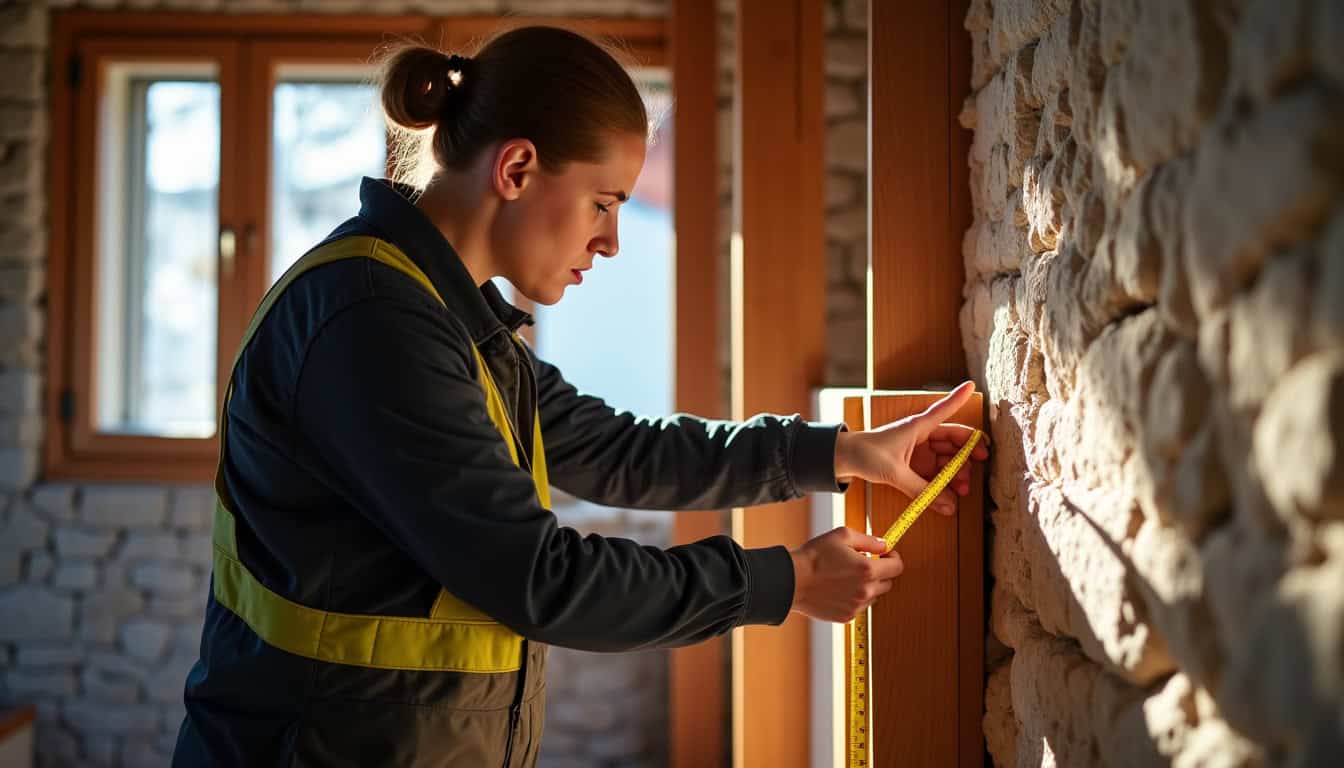 Technicien en combinaison d’un installateur certifié, en train de mesurer un escalier à Cauterets