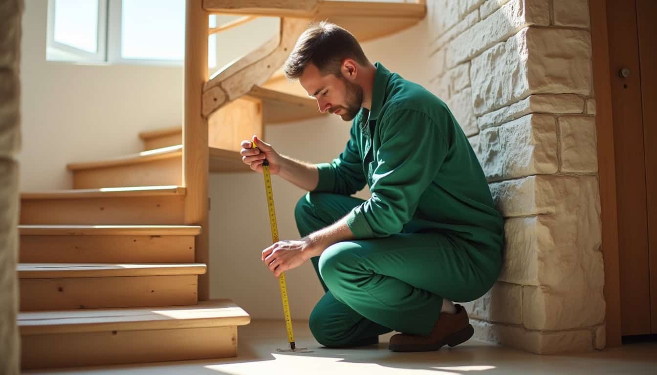 Technicien en combinaison verte en train de mesurer un escalier en colimaçon lors d