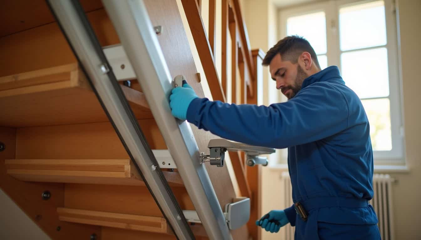 Technicien en cours d’installation d’un monte-escalier à Verrières-le-Buisson