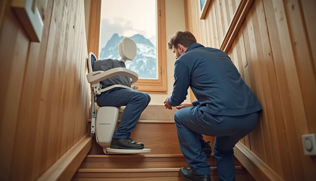 Technicien en intervention pour l’installation d’un monte-escalier en Savoie