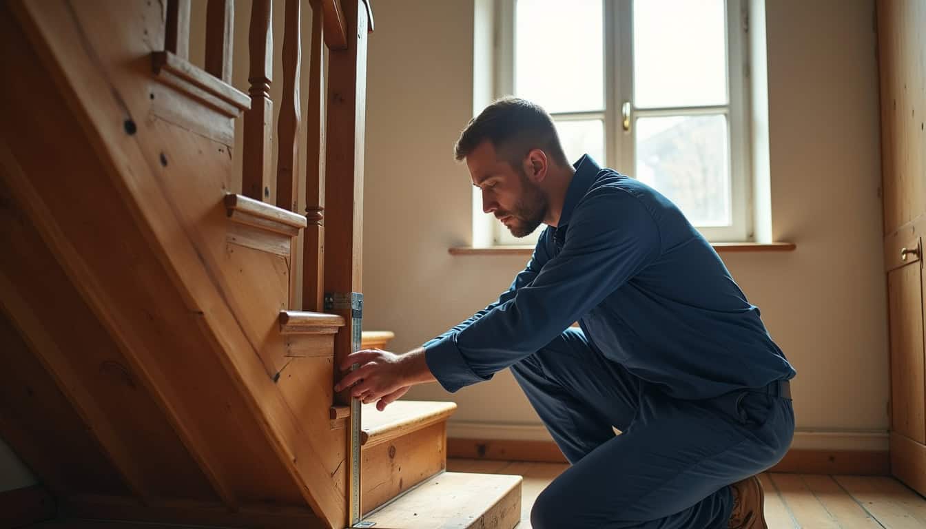 Technicien en tenue de travail prenant des mesures sur un escalier en bois à Talant lors d