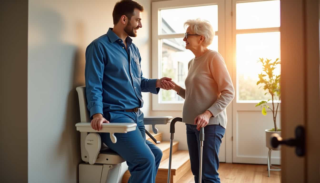 Technicien en train de démontrer l’utilisation d’un monte-escalier à un client à Jullouville