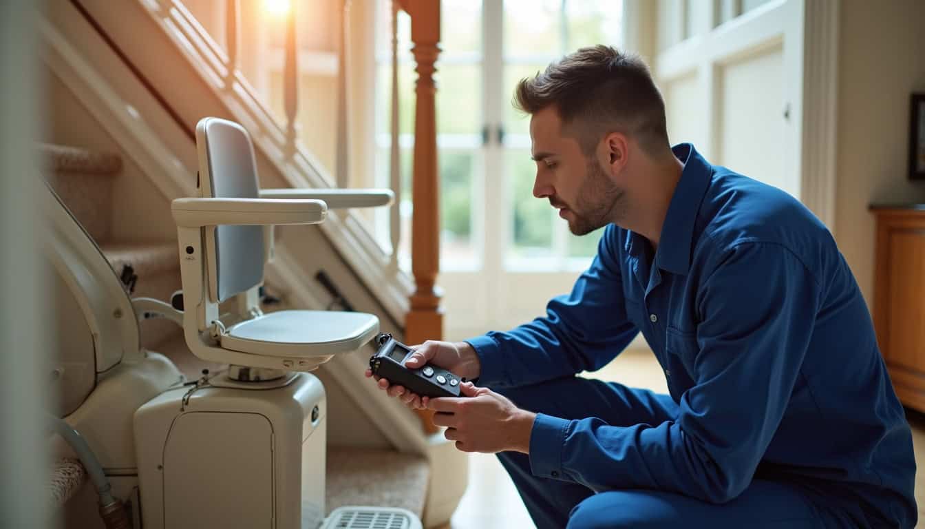 Technicien en train de diagnostiquer un monte-escalier en panne dans une maison