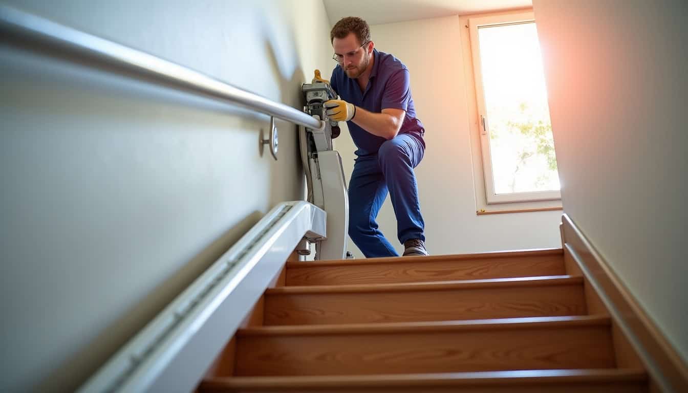 Technicien en train de fixer un monte-escalier droit dans une maison à Montigny-le-Bretonneux