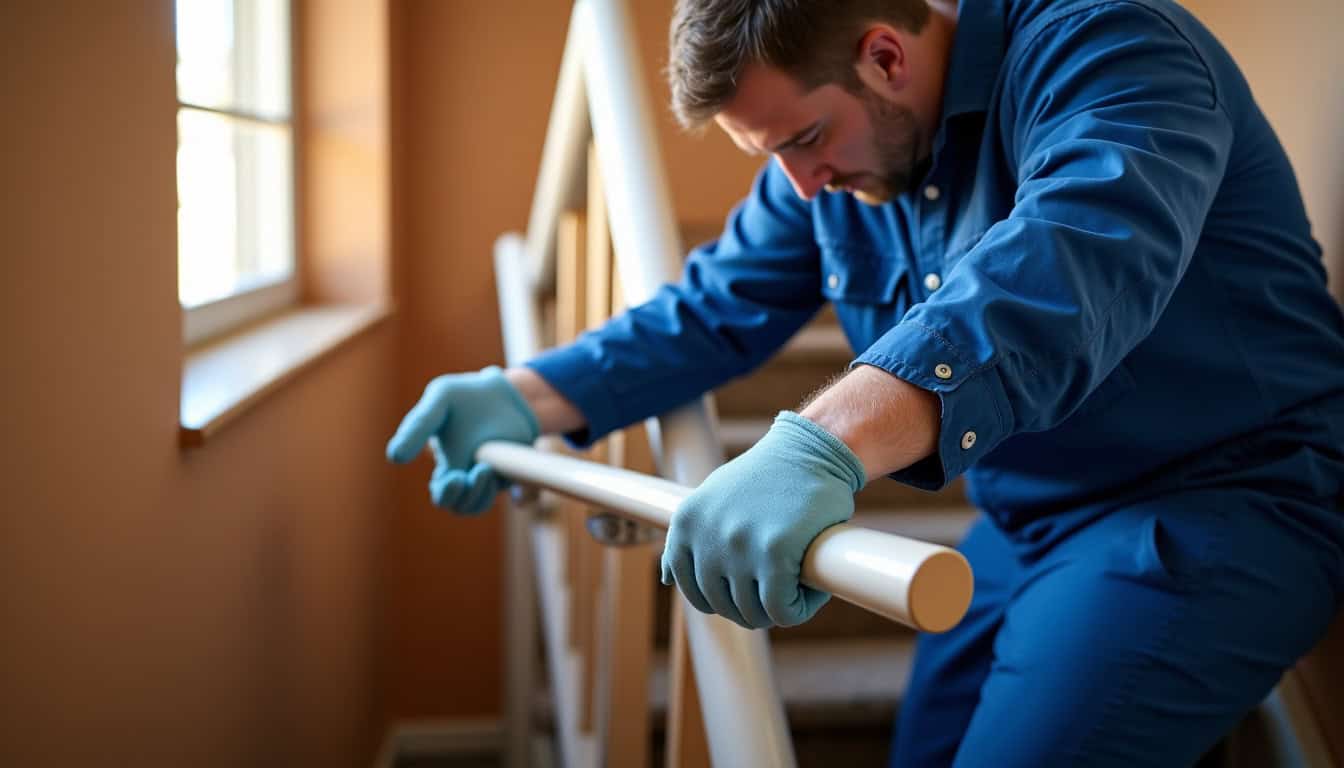 Technicien en train de fixer un rail de monte-escalier dans une maison à Creil