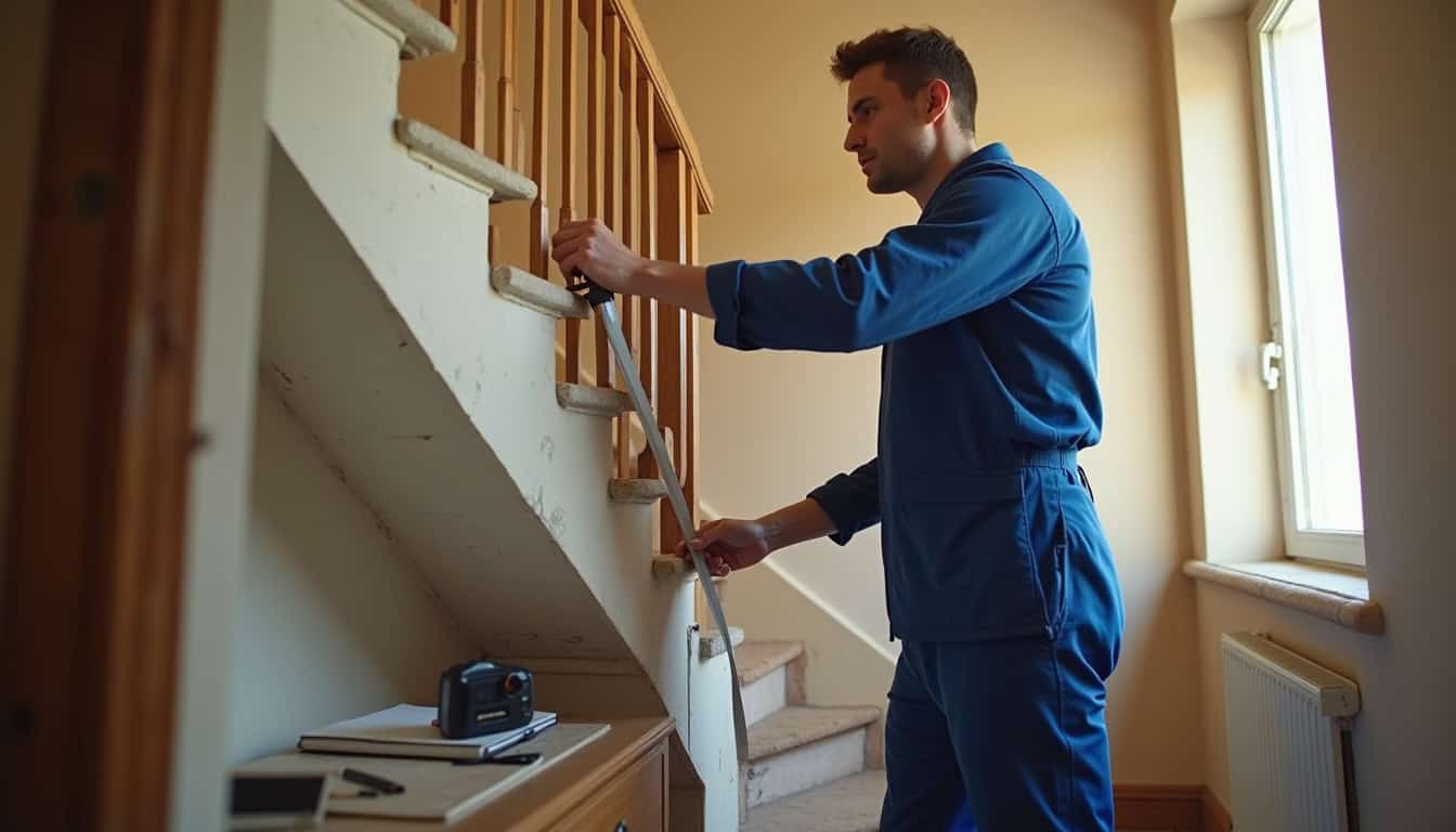 Technicien en train de mesurer un escalier à Commentry pour une installation sur mesure