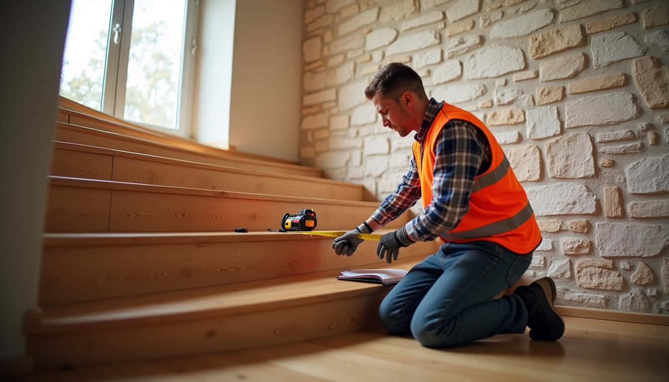 Technicien en train de mesurer un escalier à Creysse pour une installation sur mesure