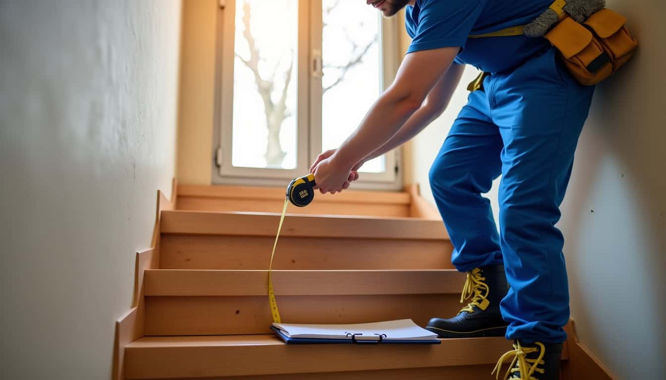 Technicien en train de mesurer un escalier à Évreux pour une étude de faisabilité