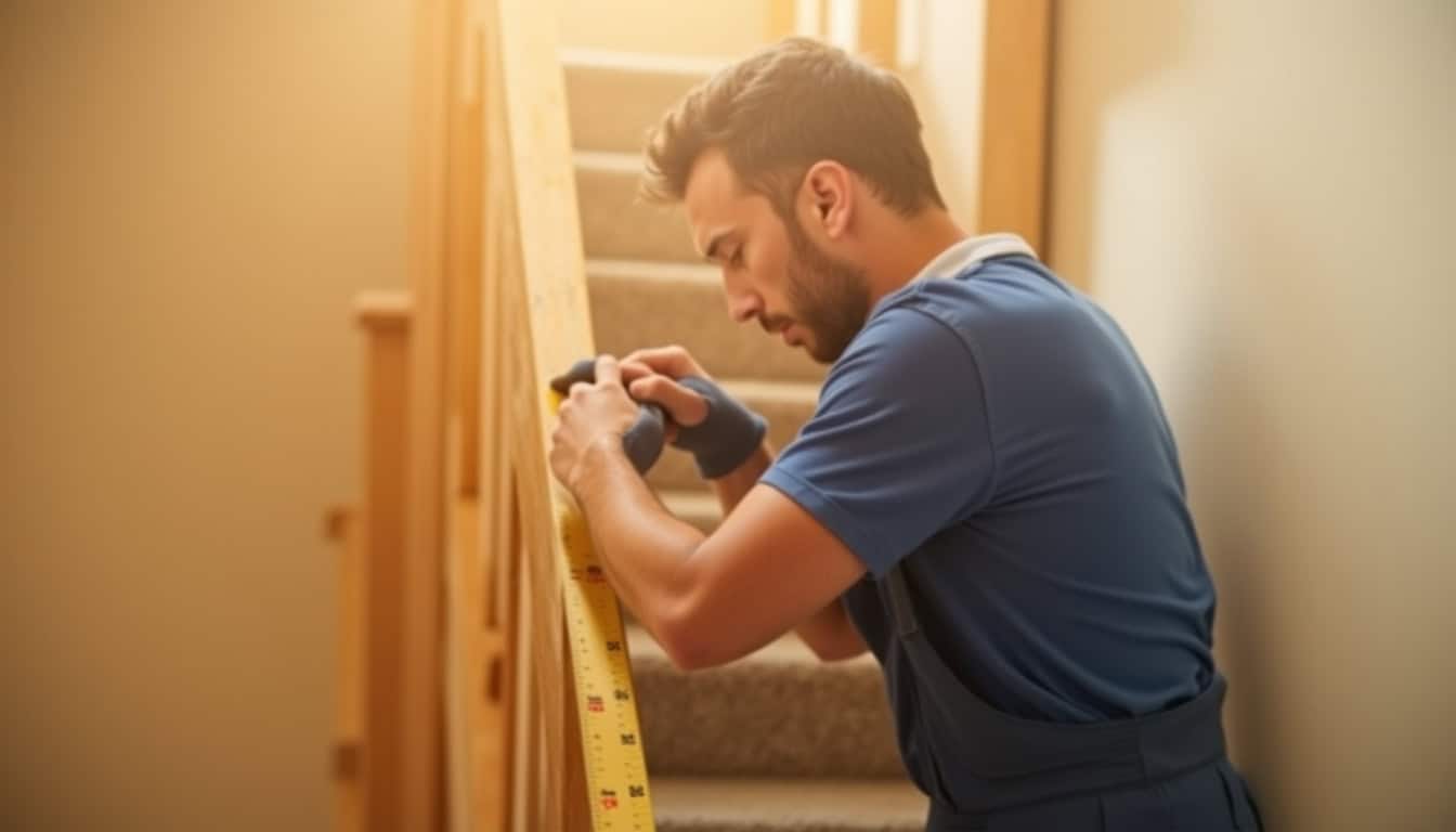 Technicien en train de mesurer un escalier à Igoville pour une étude personnalisée