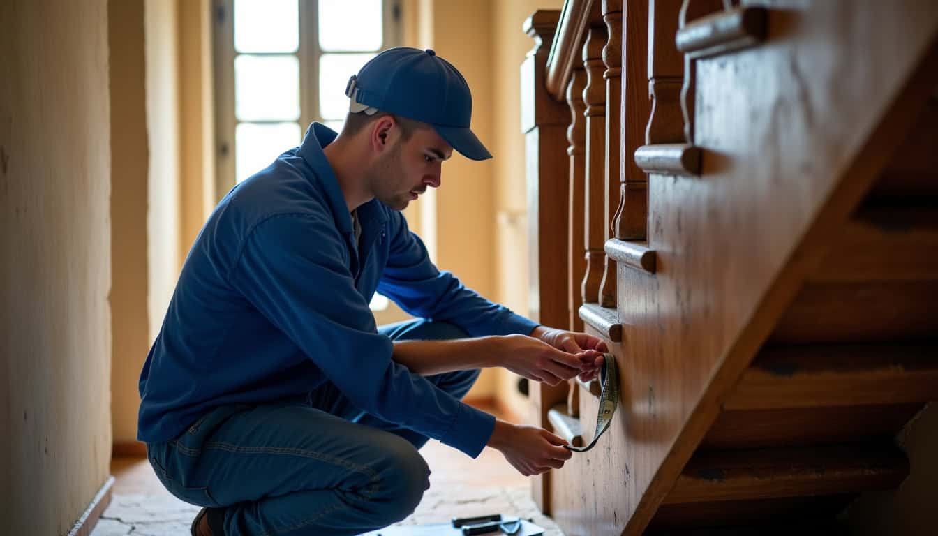 Technicien en train de mesurer un escalier à Juillac pour une installation personnalisée de monte-escalier