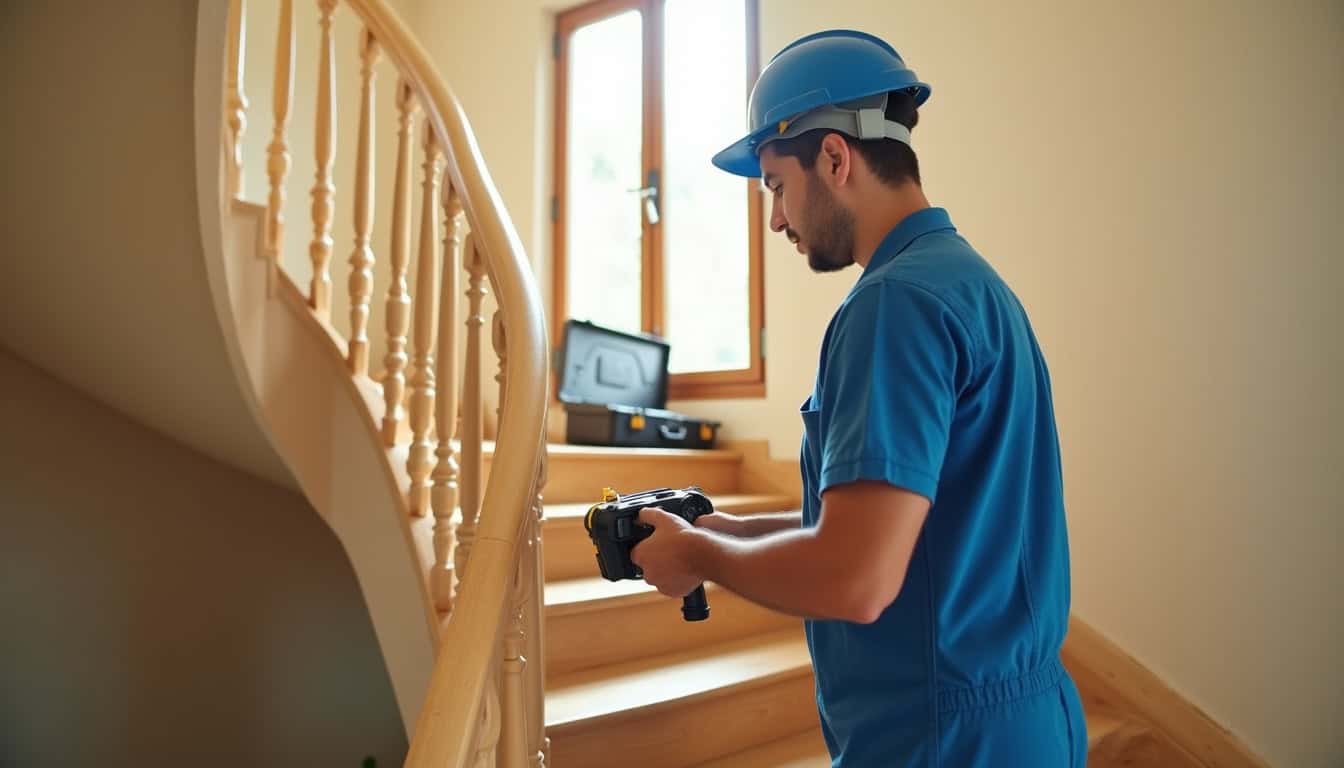 Technicien en train de mesurer un escalier à Kourou pour une installation de monte-escalier tournant