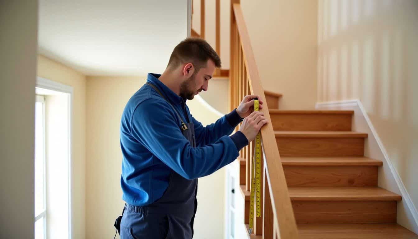 Technicien en train de mesurer un escalier à La Chapelle-Longueville pour une installation de monte-escalier