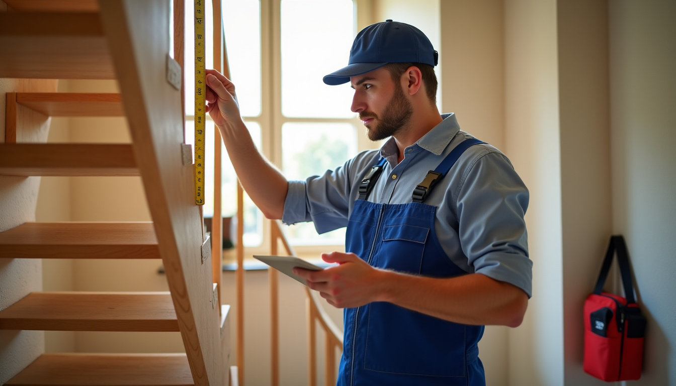 Technicien en train de mesurer un escalier à Lamalou-les-Bains pour un projet de monte-escalier sur mesure
