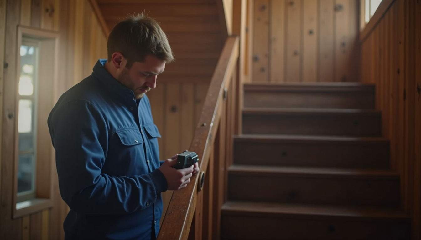 Technicien en train de mesurer un escalier à Saint-Julien-du-Sault pour une installation de monte-escalier
