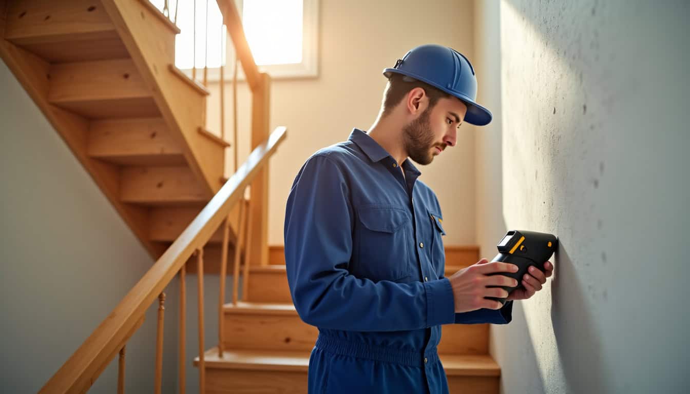 Technicien en train de mesurer un escalier à Saint-Paul-en-Chablais pour une installation de monte-escalier sur mesure